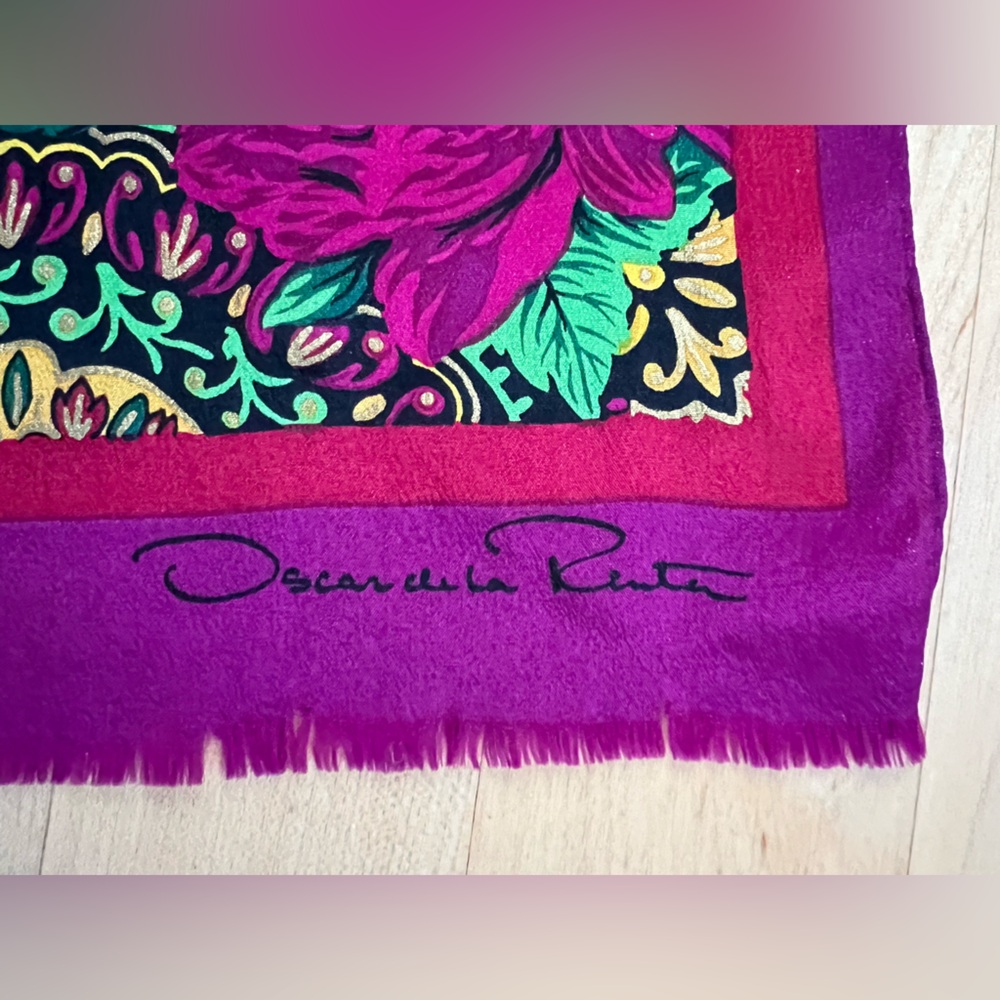 🌺Vibrant Sheer Silk Pink Floral Scarf by Oscar de la Renta | 51”x10.5” - Picture 5 of 17
